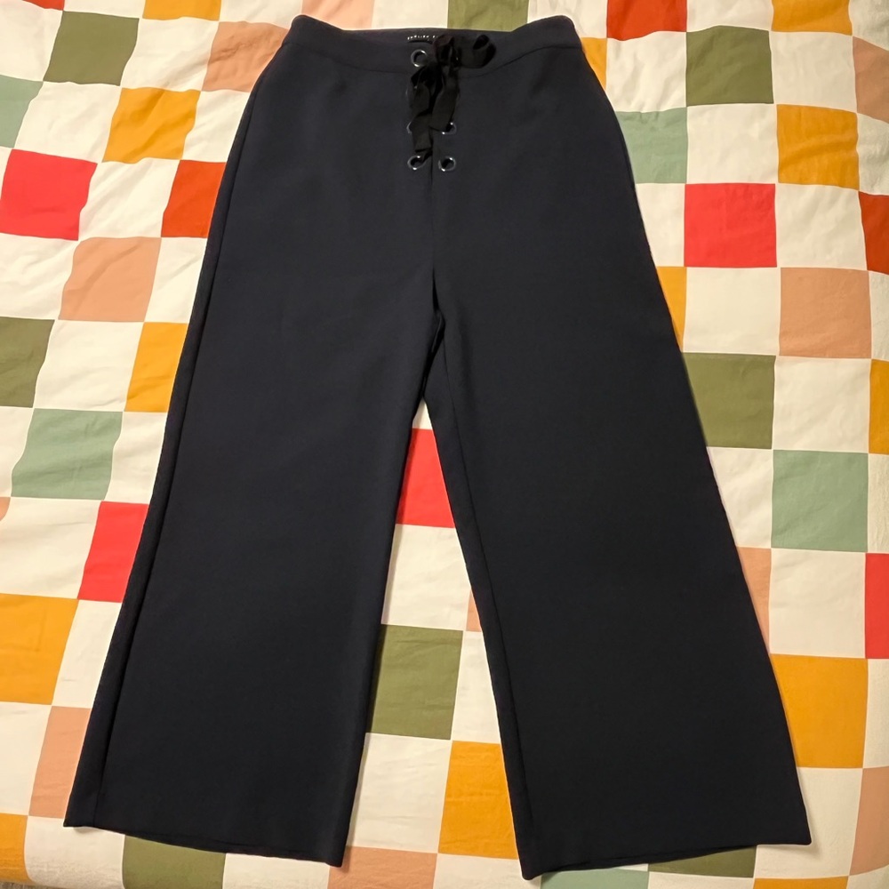 English Factory Navy Lace Up High-Waisted Crop Trousers